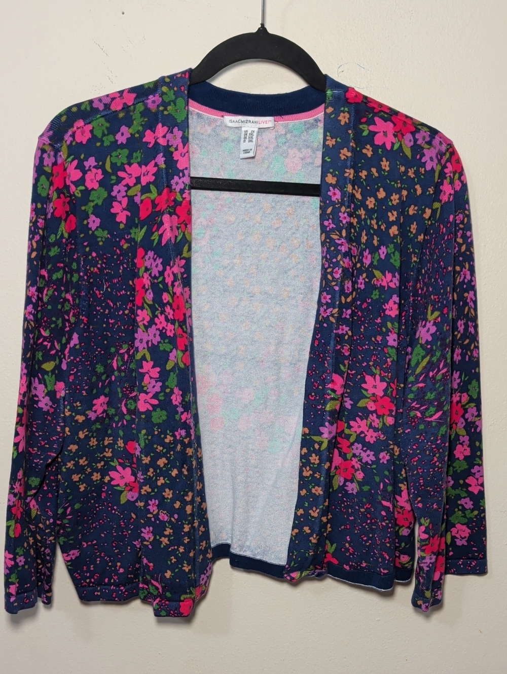Isaac Mizrahi Live Floral Open Cardigan Sweater Navy Pink Colorful Women Size 2X